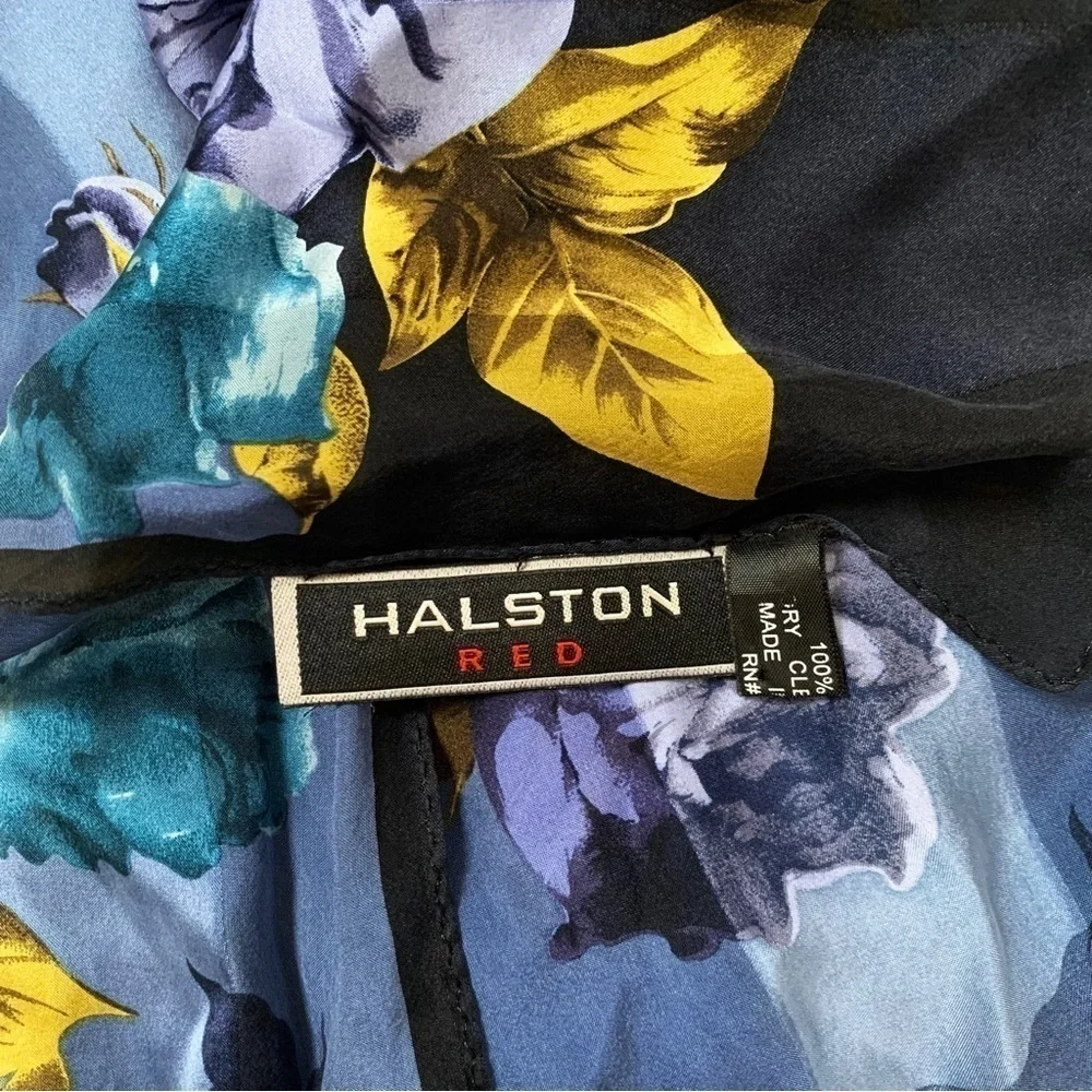 Vintage Halston Red 100% Silk Blue/Green Floral Rose Bandana Scarf Made in Korea